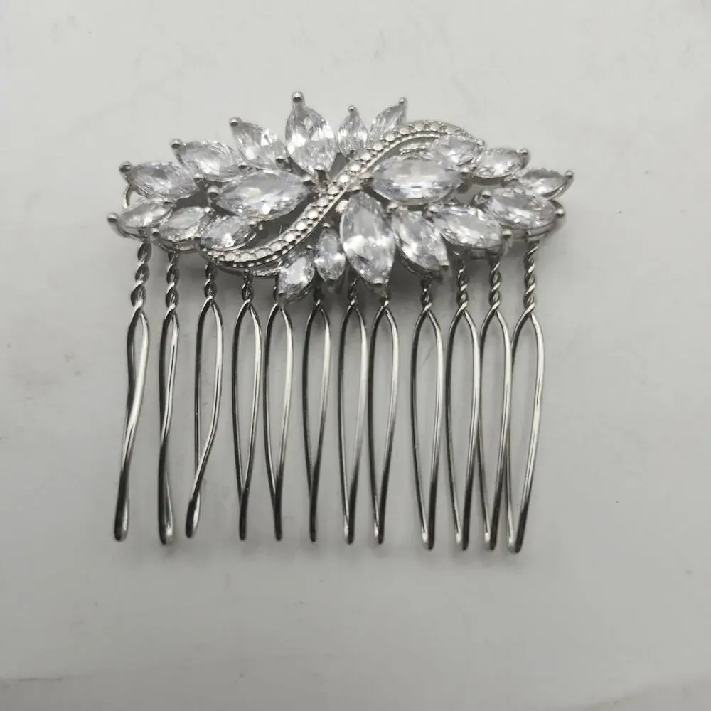 Silver Tone Rhinestone Bridal Hair Comb Pair Floral Leaf Wedding Prom Accessory